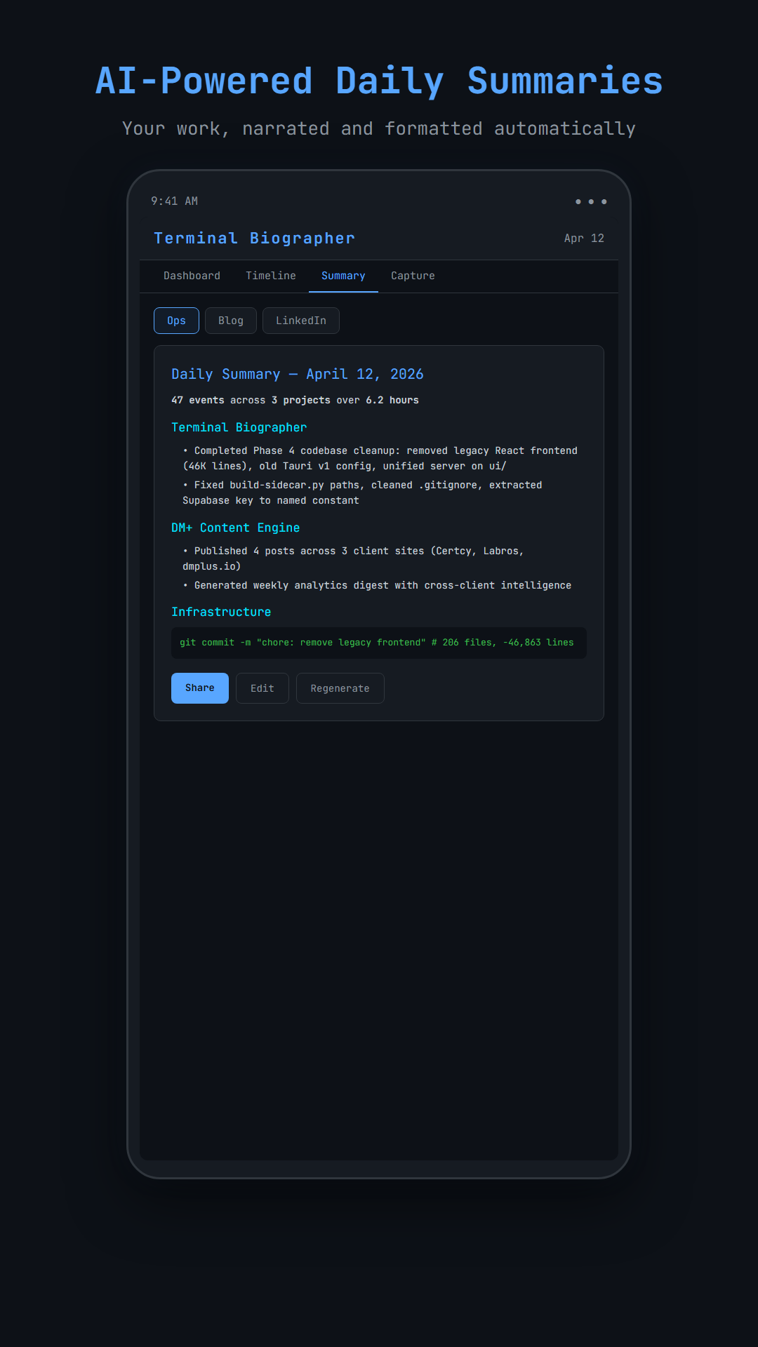AI-generated daily summary with project breakdown
