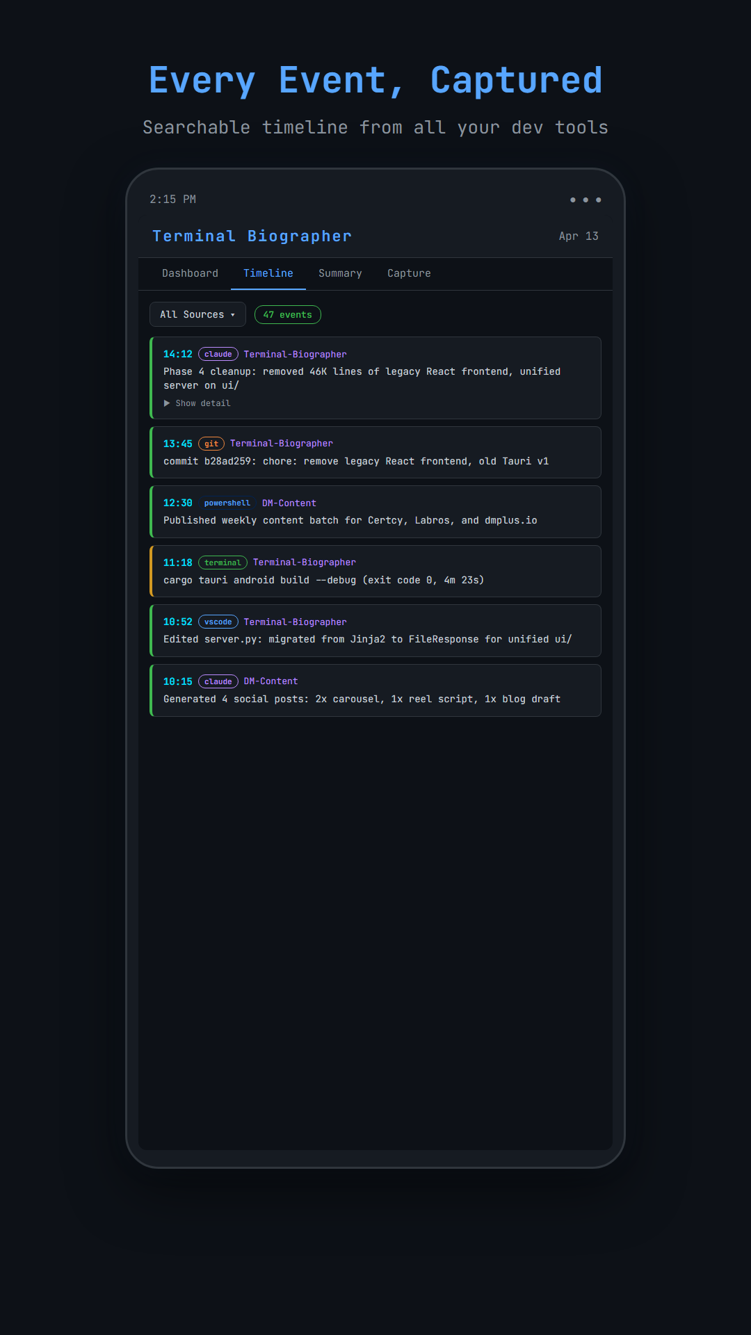 Timeline view with captured events and timestamps