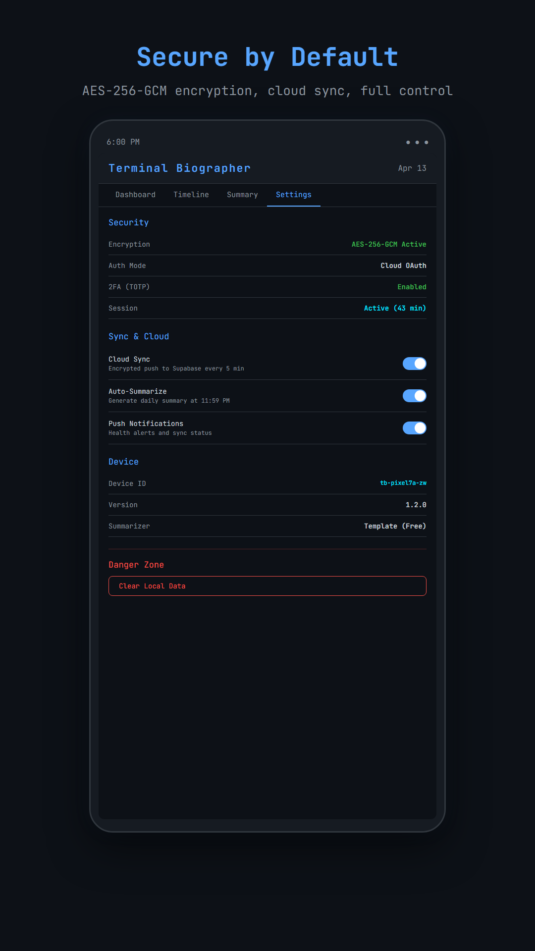 Settings screen with encryption and sync configuration