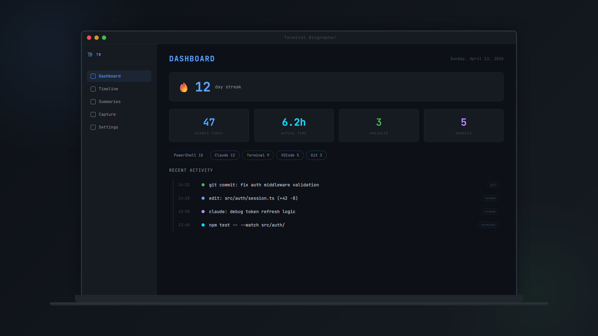 Terminal Biographer desktop app showing summary editor with timeline and stats